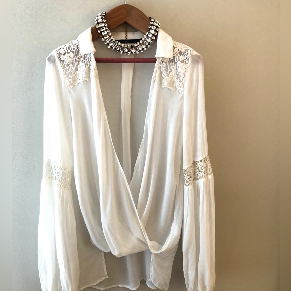 Zara Ivory Lace-Trim Draped Surplice Blouse